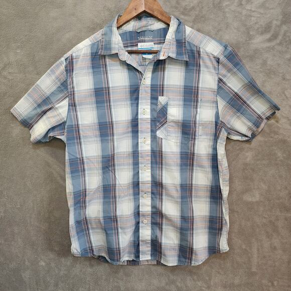 Columbia Men's M Blue White Plaid Shirt Omni-Wick Short Sleeve - Picture 1 of 6